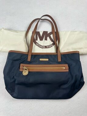 Michael Kors Navy Nylon Tote Bag Brown Leather Trim Shoulder Bag